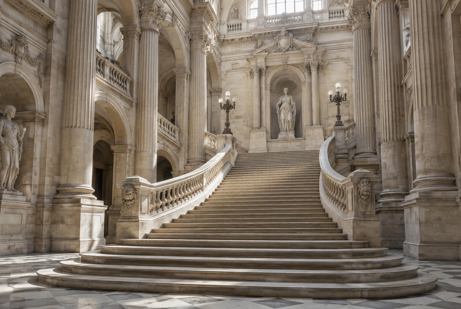 Escalier d'honneur d'un palais de justice, colonnes de pierre et lumière du jour